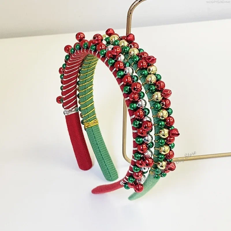 Red Green Christmas Headband Women's Simple Thin Edges Flannel Jingling Bell Beaded Winding Holiday Hair Accessories