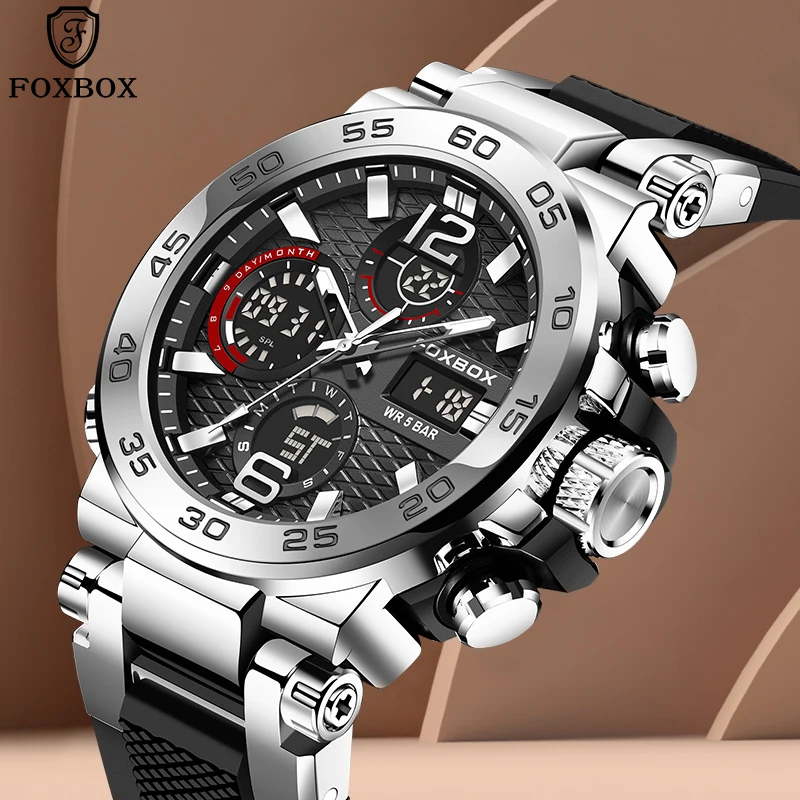 FOXBOX Watches For Men Luxury Brand Digital Chronograph Sport Quartz Wristwatch Waterproof Military Silicone Band Luminous Clock