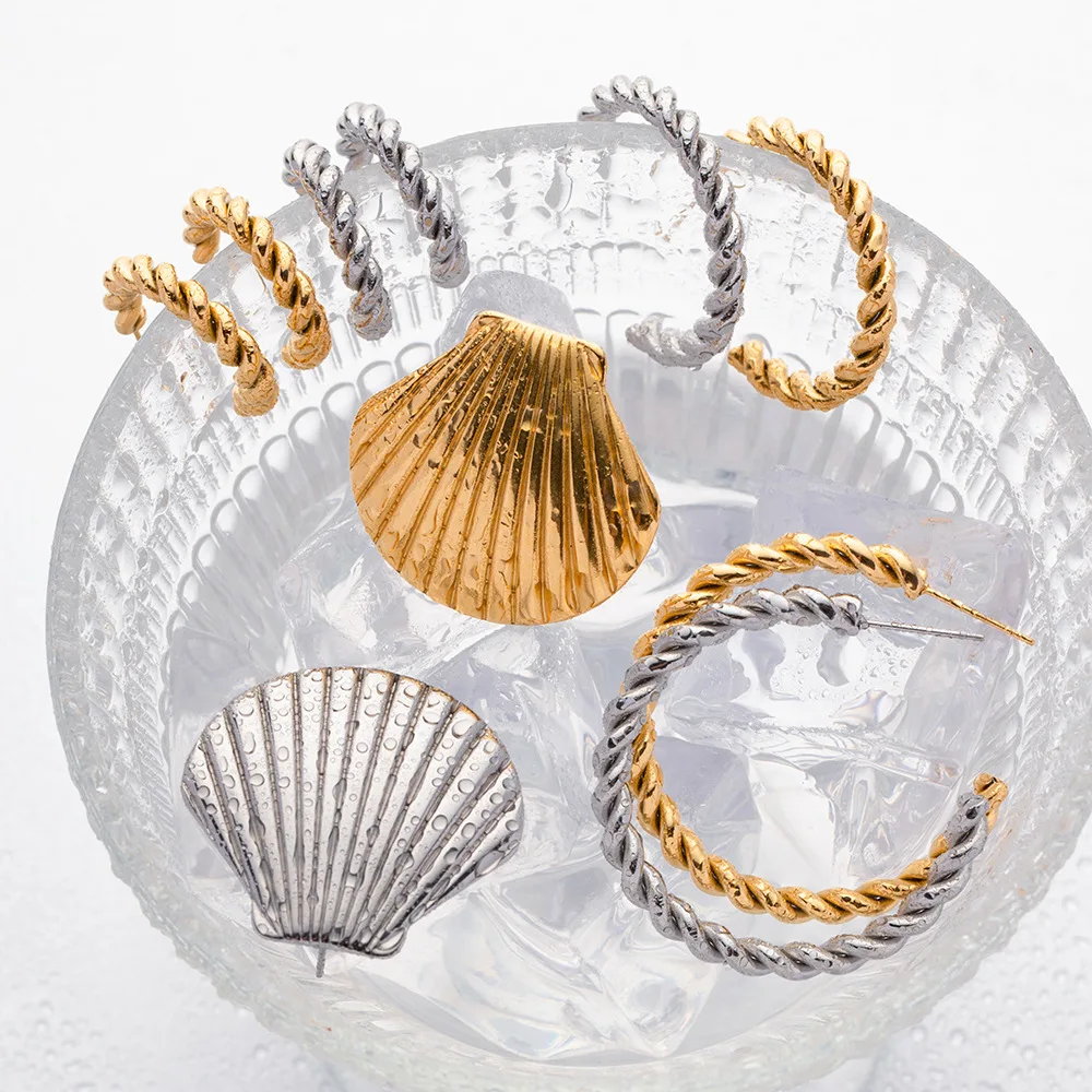 Charm Trend Spiral Twist Open C Shape Hoop Earrings Women Stainless Steel Gold Color Shell Stud Ear Hoops Wedding Jewelry Gift