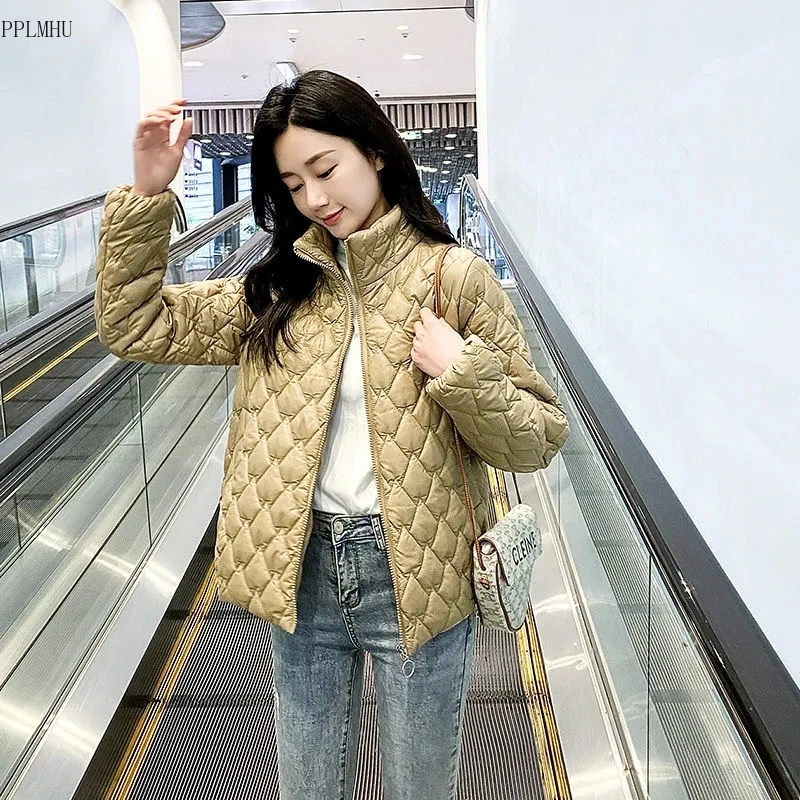 

Solid Casual Zipper Long Sleeve Cotton-Padded Coat Korean Fashion Light Short Outerwear White Argyle Plaid Winter Jacket Women