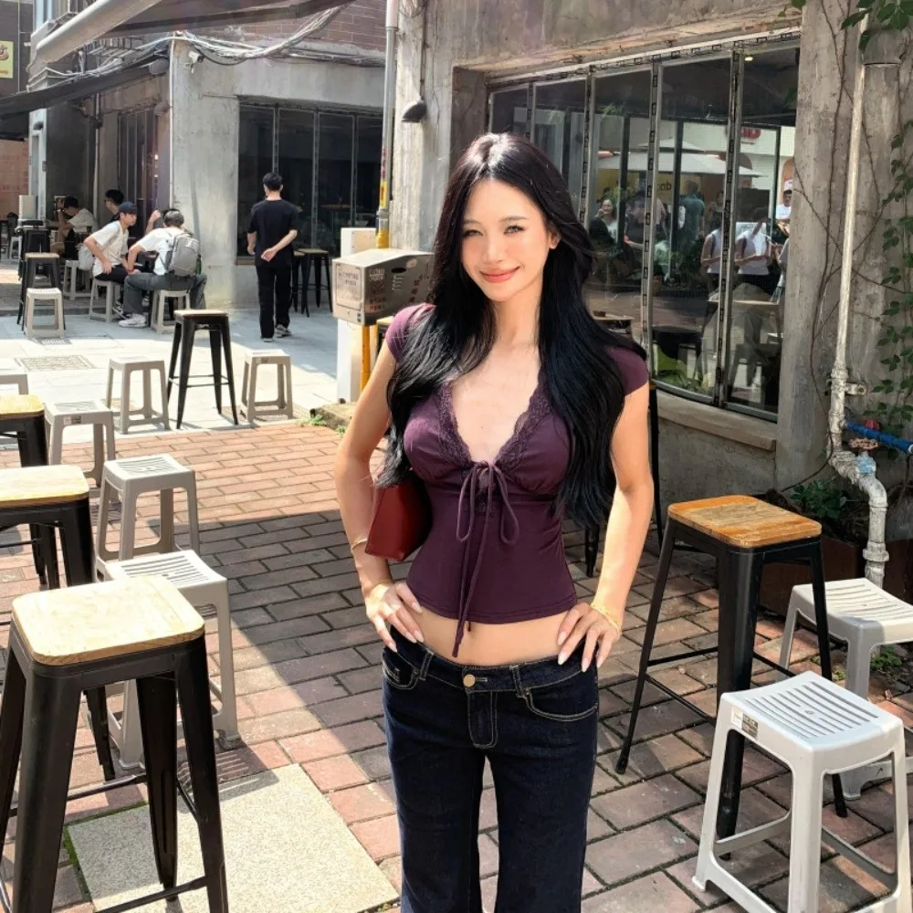 Chic V Neck Slim Crop Tops Lace Short Sleeve Bottoming T-shirt Elastic Sweet Camisole Streetwear