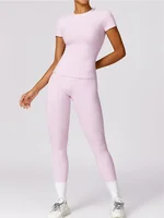 Seamless Yoga Set Women Pink Short Sleeve Top with High Waist Leggings Two Piece Workout Clothes Sports Fitness Gym Sets 2