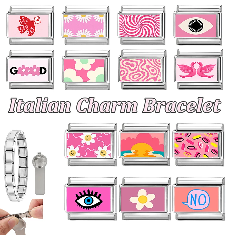 Pink Fashion Series 9mm Stainless Steel Charm Link Bracelet
