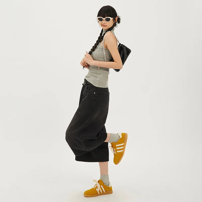 2024 Summer Y2k Retro Women Low Waisted Wash Cropped Baggy Jeans Wide Leg Frayed Denim Short Pants Korean Fashion Pants