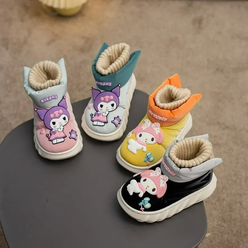 

Sanrio Hello Kitty Kuromi Children's Snow Boots Winter Plush Fleece for Warmth Cute Cartoon Thick Sole Color Block Cotton Shoes