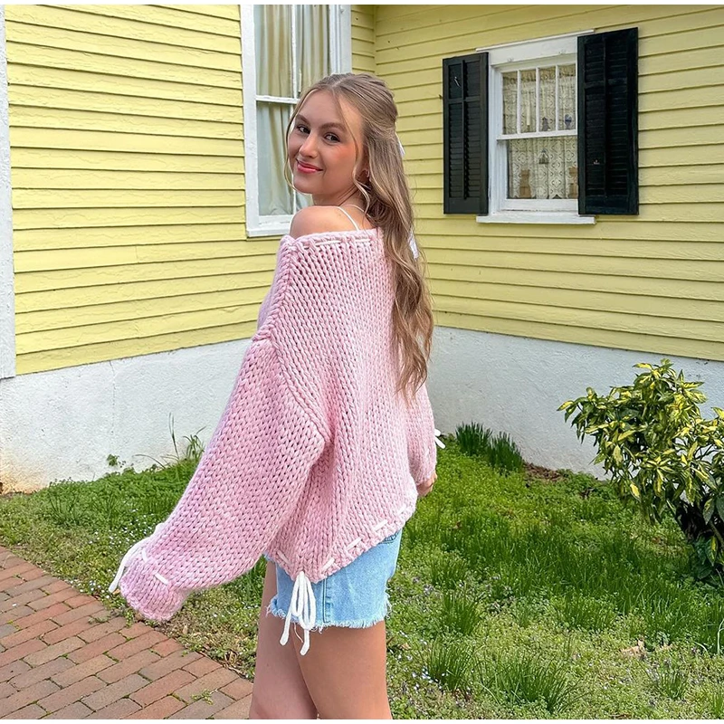Chic Loose Lace Up Women's Sweater Elegant Round Neck Long Sleeves Pullover Top Lady Autumn Fashion Streetwear