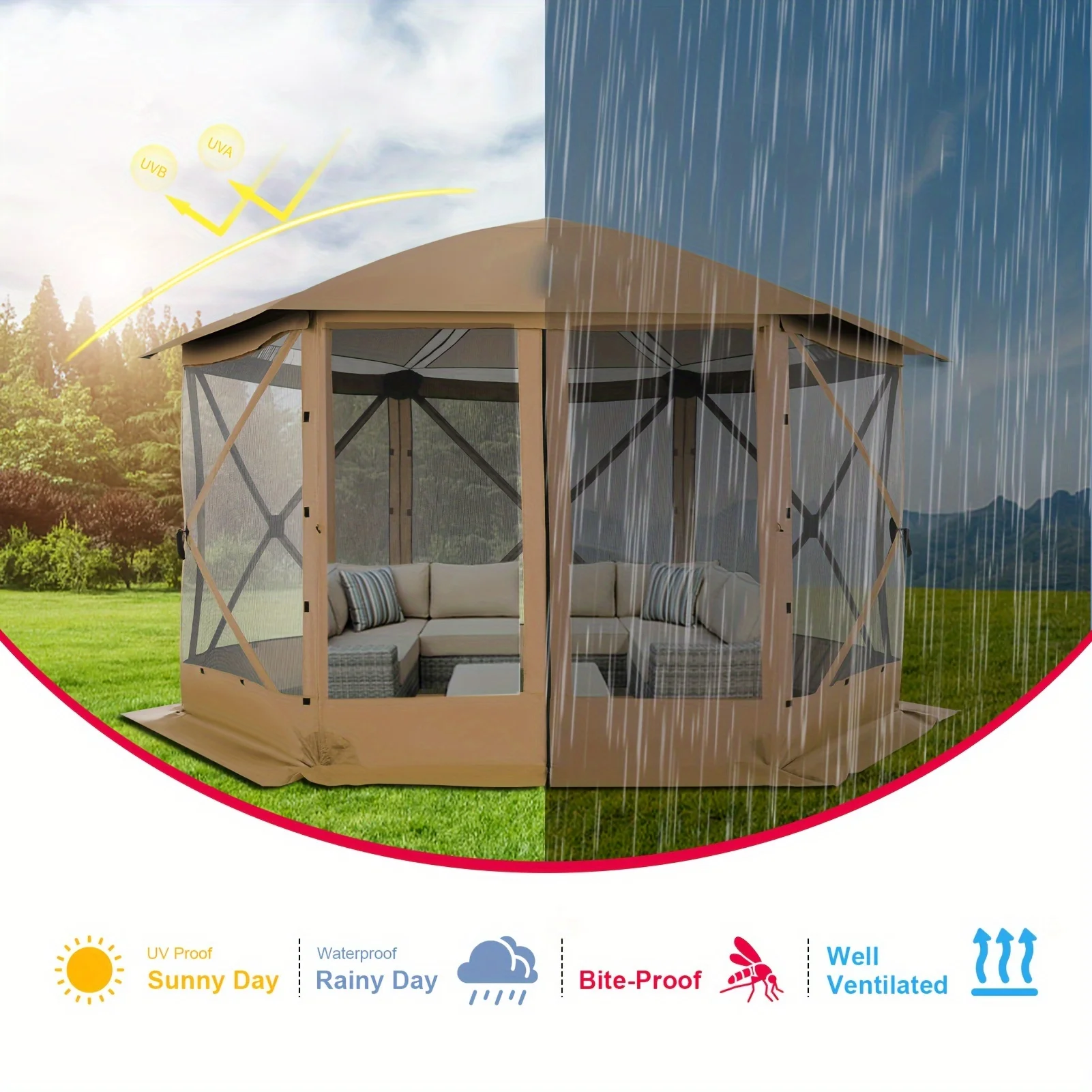 

141.73x141.73inch Roof Style Pop Up Gazebo Tent, Hexagonal Support Tent With Yarn Mesh, Screen Tent For Camping And Backyard Act