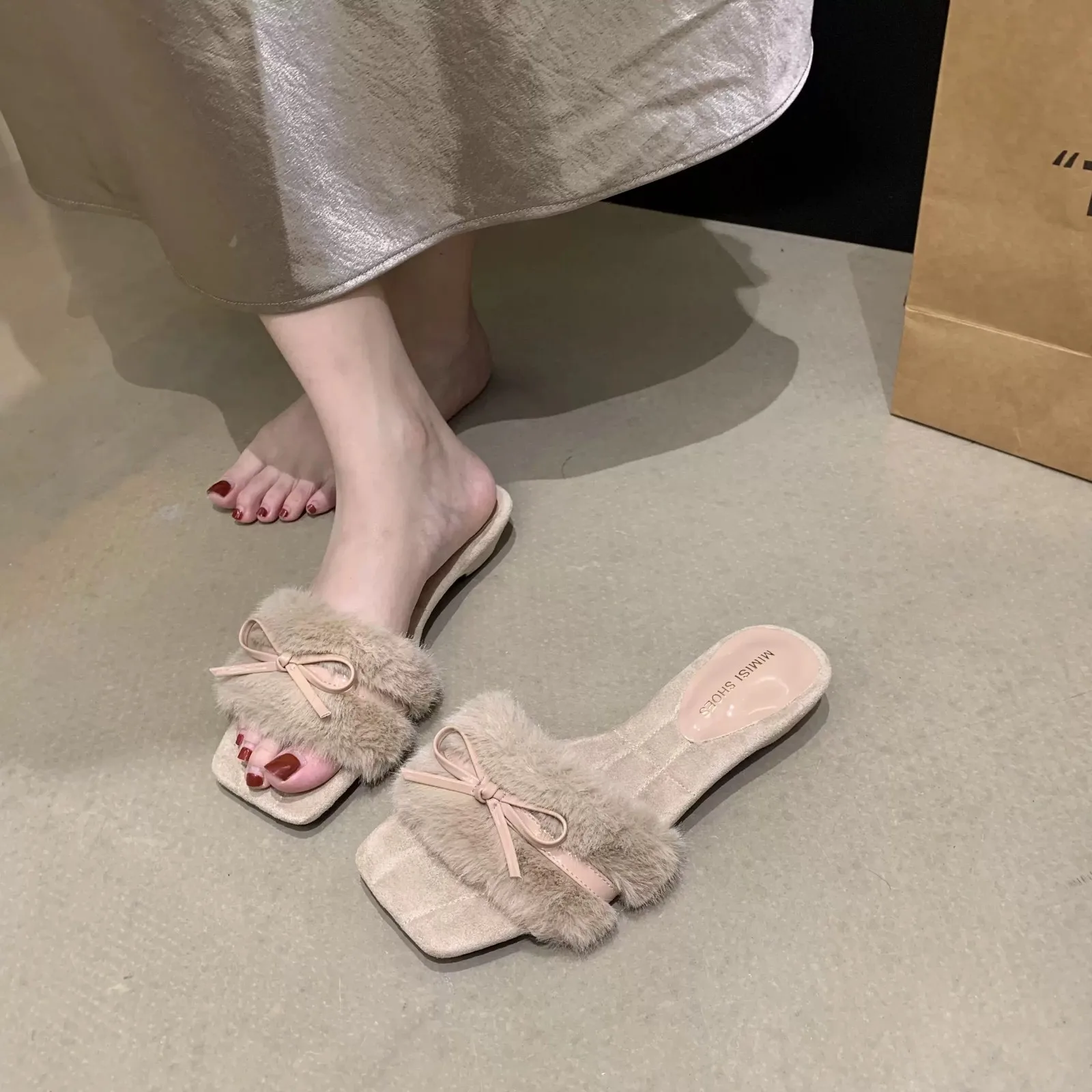 Aphixta Sweet Pink Butterfly Design Women Fashion Slippers Soft Fur Square Toe Flannel Slides Outside Low Heel Purple Shoes