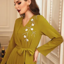

Robe Femme Musulmane Muslim Dress Muslim Fashion Diamond Dress Flower Pleated Long Sleeve V-Neck Dubai Abaya Turkey Long Dress