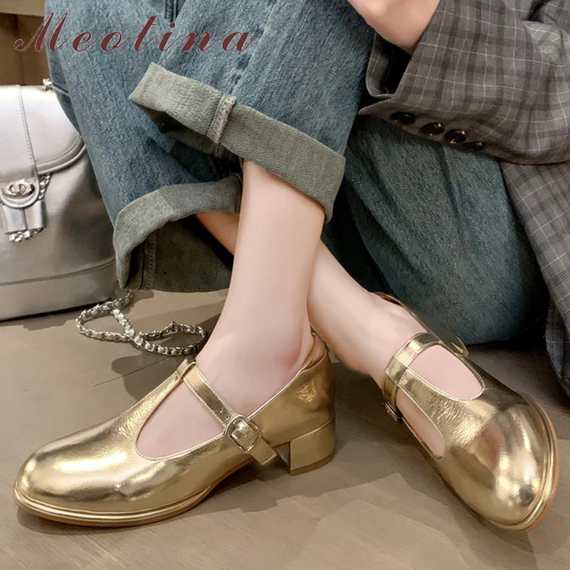 

Meotina Women Genuine Leather Round Toe Flats Shallow Buckle Ladies Fashion Casual Shoes Autumn Spring Golden Silver 40