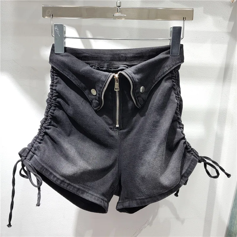 Chic Flanging Drawstring Jean Shorts Female Casual 2024 Summer New Streetwear Ins Women's High Waist Zipper Stretch Hot Pants