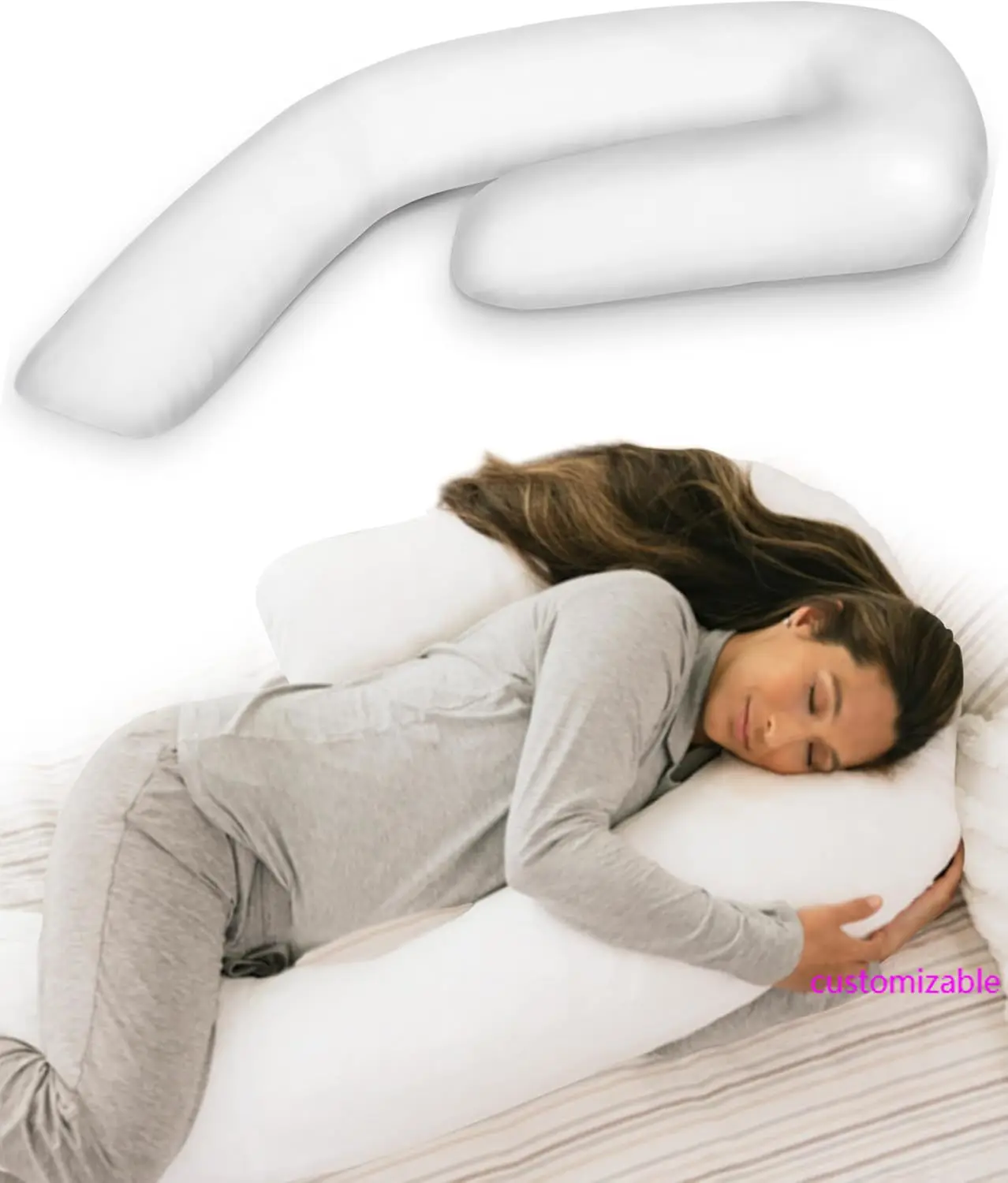 Therapeutic Full Length Body Pillow, Adjustable Shredded Memory Foam Pillow for Side Sleepers, J-Shaped Body Pillow  22"x50"x6"