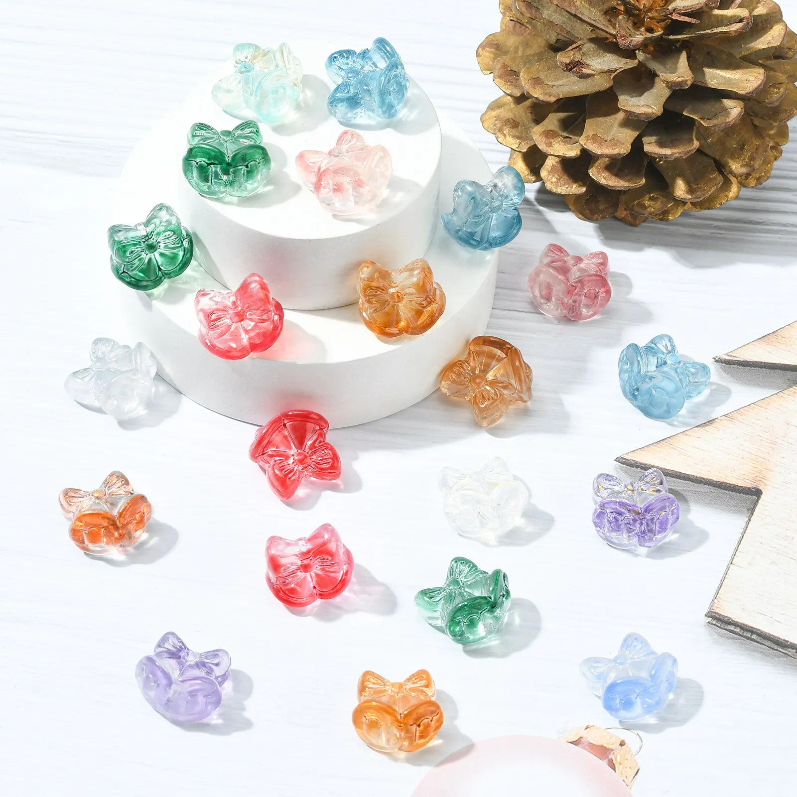 100Pcs Random Color Bell with Bowknot Glass Beads Colorful Bow Beads Christmas Bell Beads for Xmas Jewelry Making Supplies
