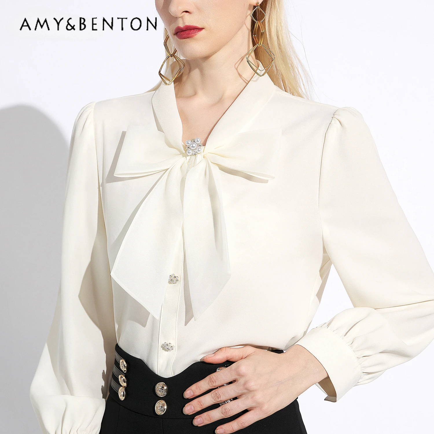 

Элегантная женская блузка с длинным рукавом, универсальная приталенная блузка во французском стиле с бантом, новинка весны-лета 2024