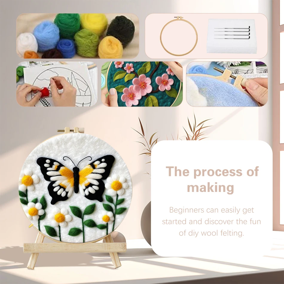 Wool Felting Kit 20x20cm Frame with Butterfly Needle Felting Painting for Beginner