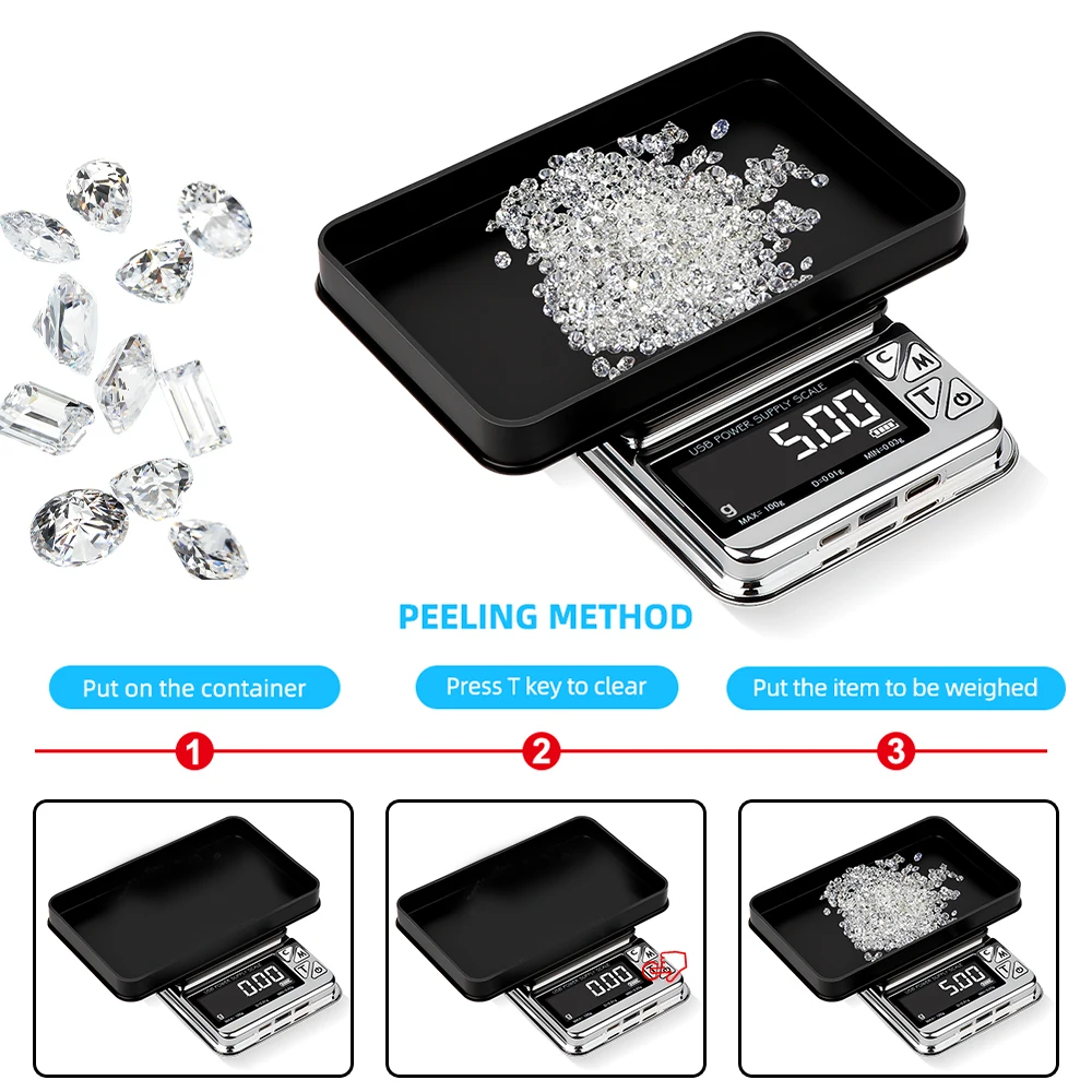 디지털 LCD 고정밀 USB 충전 스테인리스 전자 포켓, 주방 체중계 쥬얼리 저울, 100g, 500g