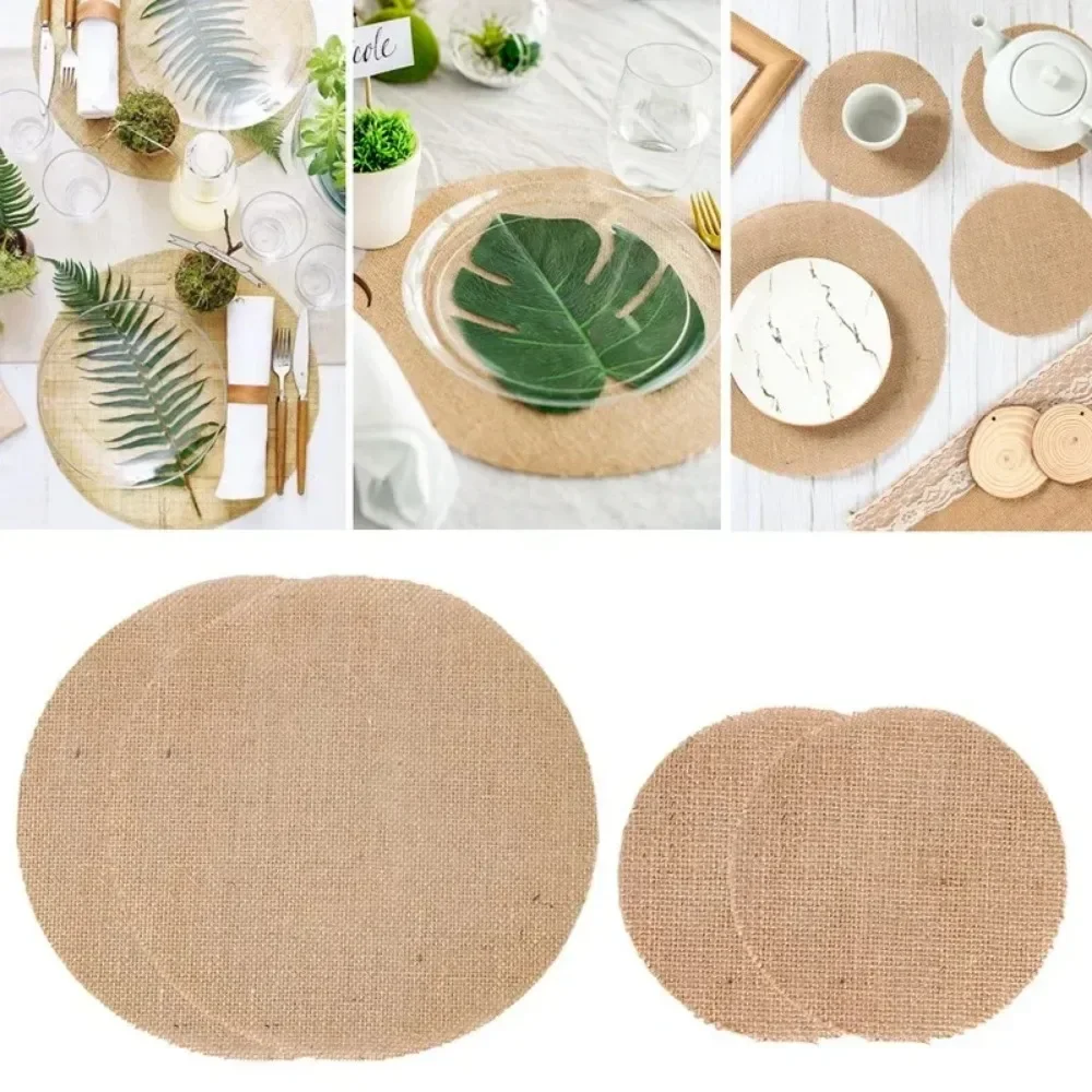 DIY Retro Natural Jute Burlap Dining Table Mat Round Square Linen Table Placemat Cup Mats For Wedding Christmas Party Decor