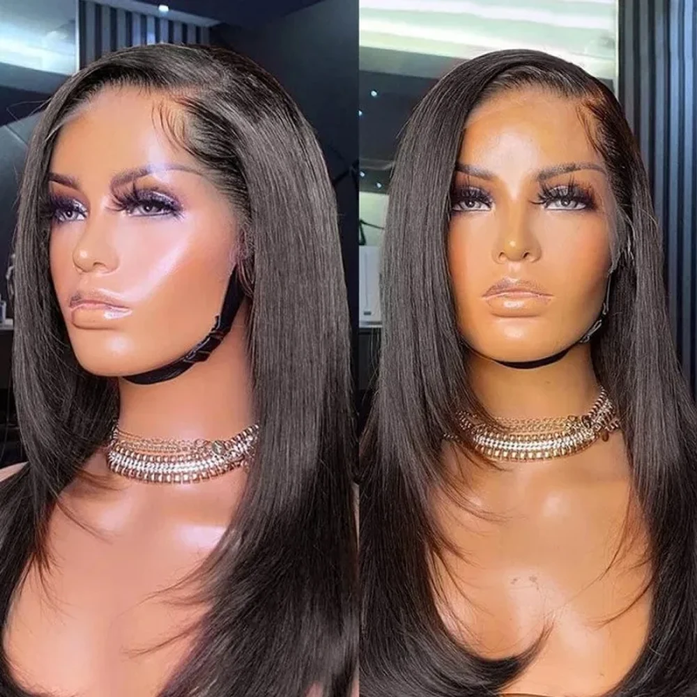 

Layered Cut Straight Lace Front Wigs Synthetic Lace Frontal T Part Wig with Baby Hair For Women Natural Black High Temperature