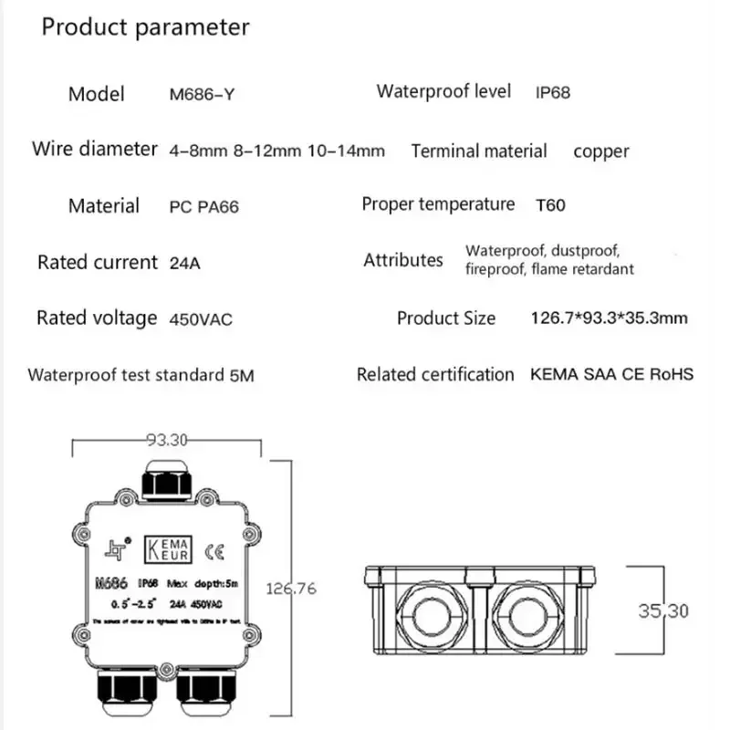 Electrical Junction Box IP68 Waterproof 3 Way Y Type 3pin 4-14mm Electrical Cable Wire Connectors 24A 450V External Electrical Terminals