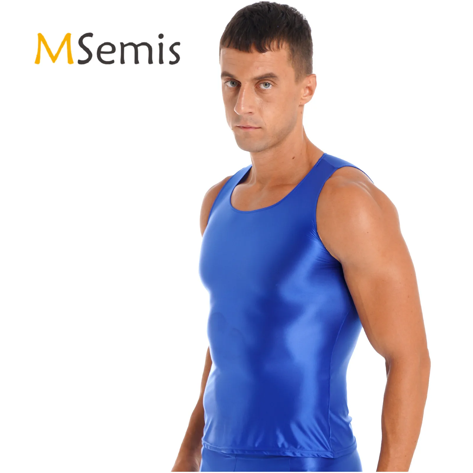 MensSwimsuitTopsGlossySmoothTankTopSolidColorStretchy