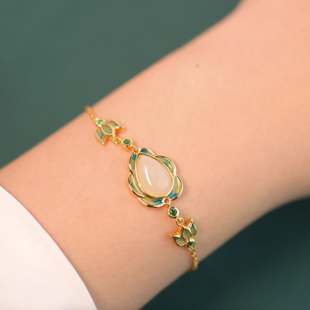 

2024 New S925 Pure Silver Gold Plated Adjustable Length Jade Women Colorful Bracelet Chinese Style Birthday Girlfriend Gift