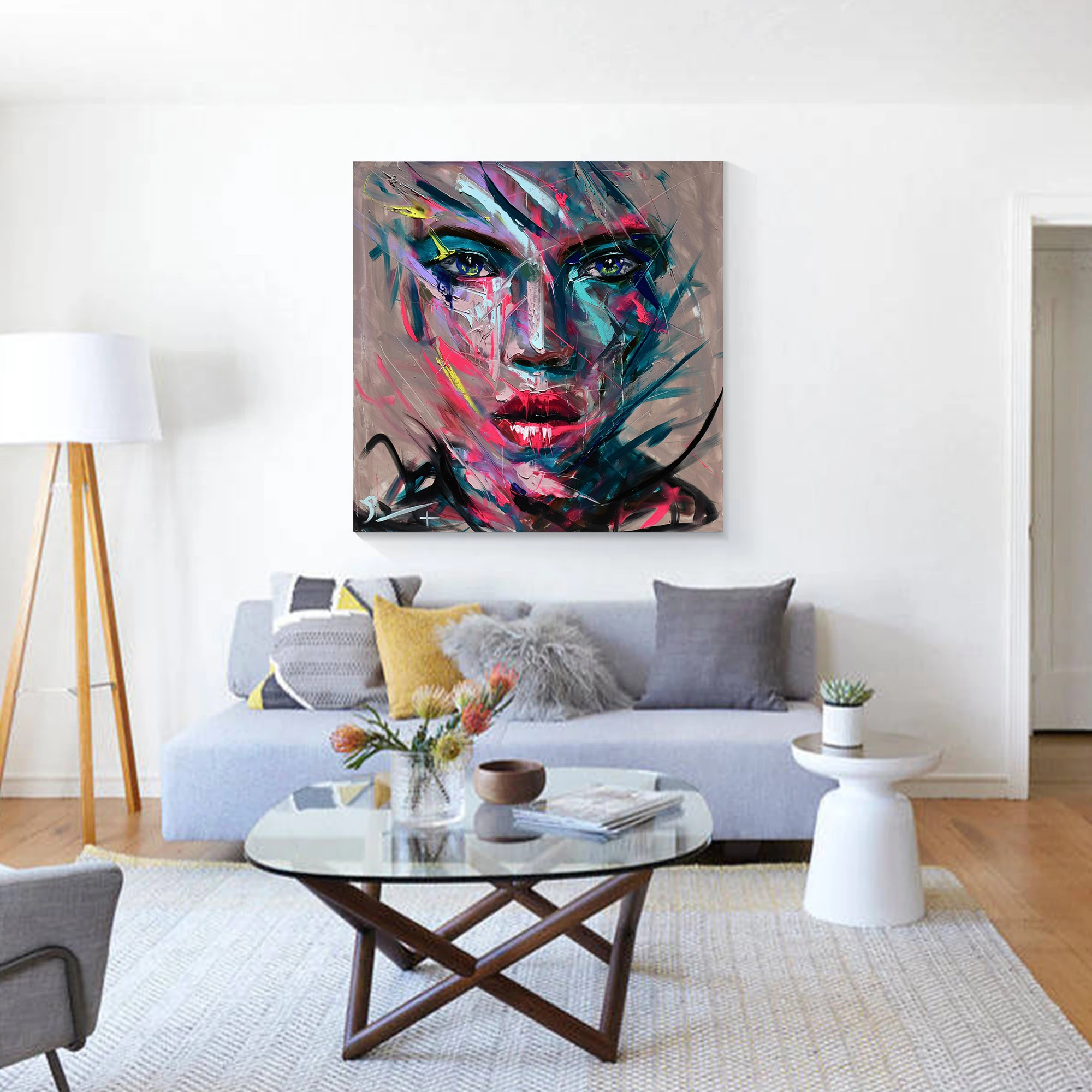 Abstract Colorful Portrait Oil Stick Painting on Paper Medium Sized Wall  Art 