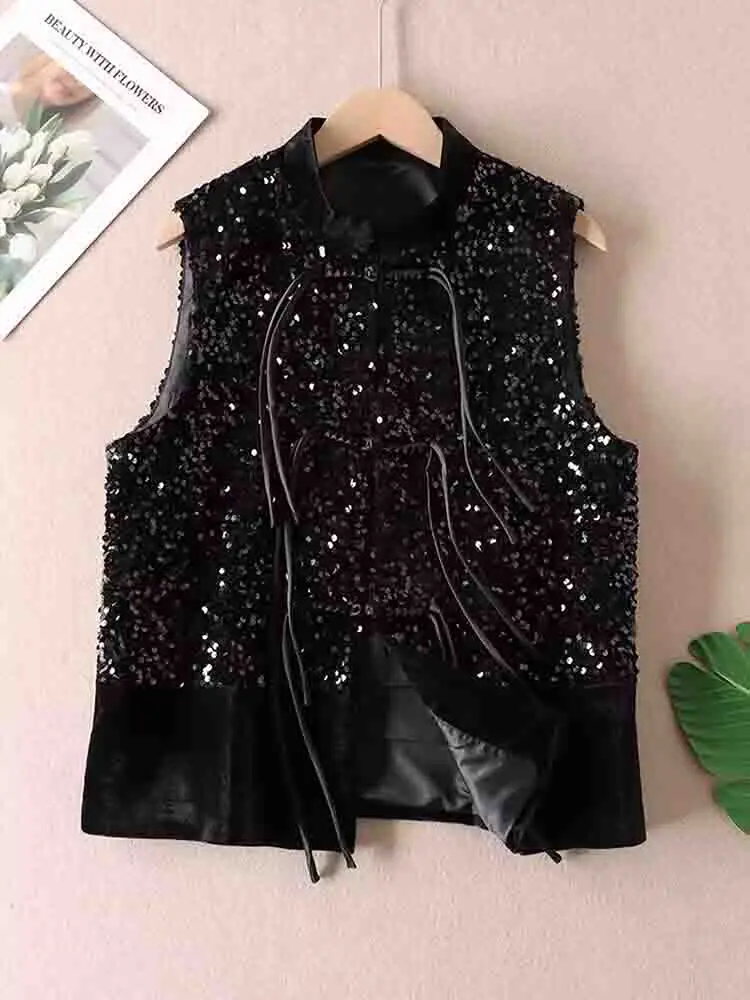 Chinese Style Sequined Vest Jacket Velvet Shining Autumn Premium Sleeveless Coat Women 2024 Shoulder Jacket Black XXL Fashion