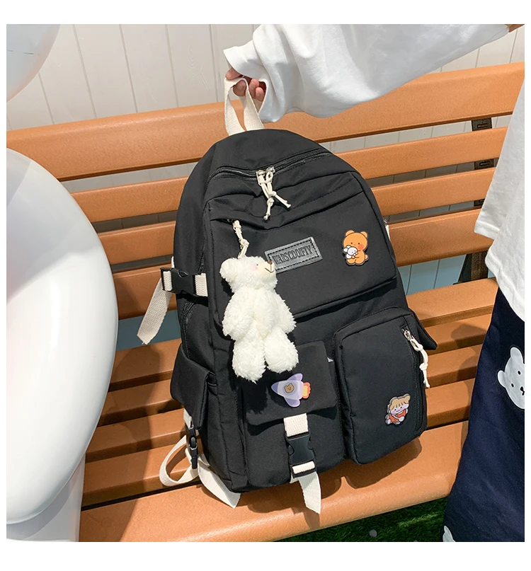 stylish eco friendly backpacks DCIMOR Fashion Nylon Women Backpack Female Cute Badge Travel Bag Multi-pocket Bear Schoolbag for Kawaii Girl Book Bagpack Preppy stylish backpacks for teenage girl