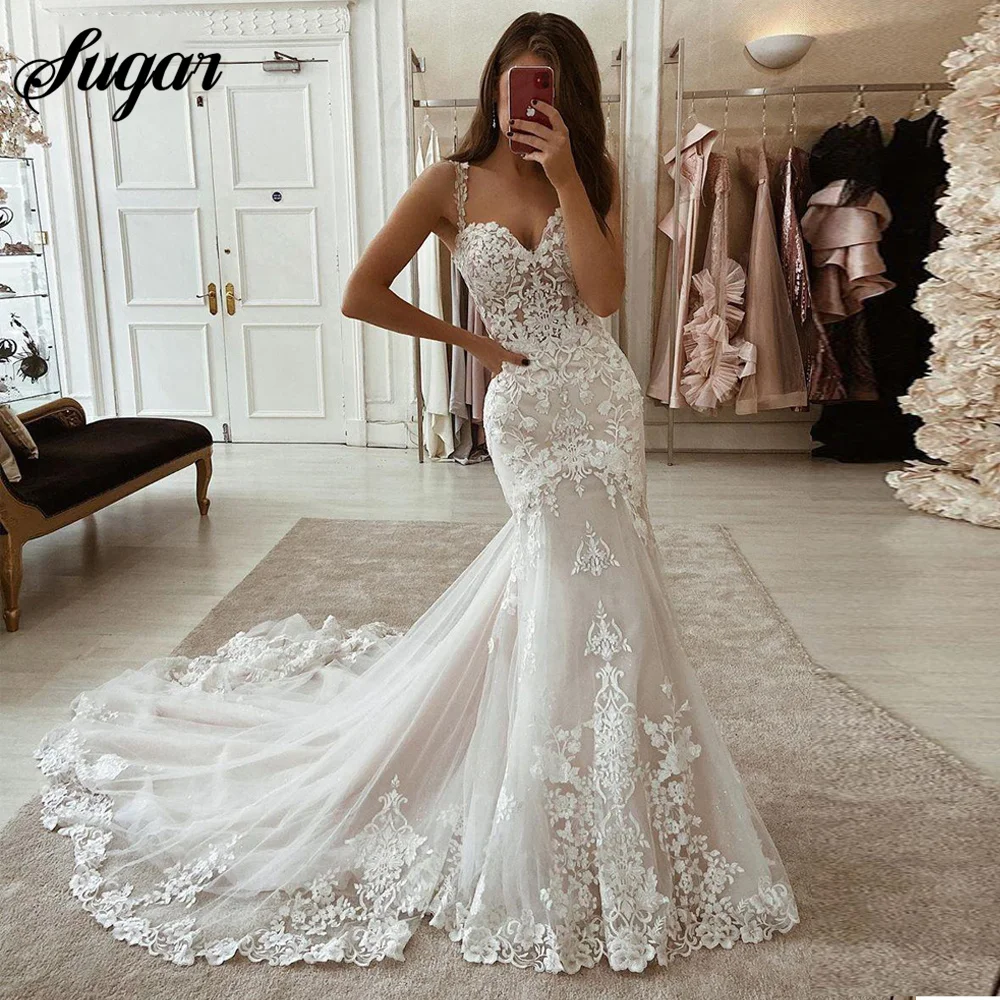 

Ivory Mermaid Wedding Dress Lace Appliques Tulle Bridal Gowns with Train Sweetheart Spaghetti Straps Vintage Gowns vestido novia