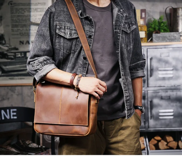 simple vintage handmade crazy horse cowhide men's messenger bag outdoor work commuter genuine leather youth shoulder bag 5