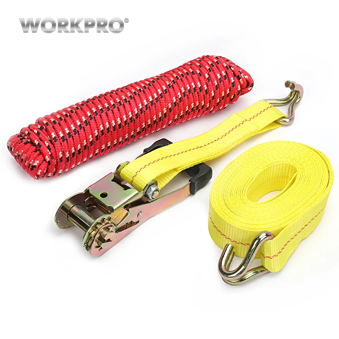 

Workpro 3PC Tie Down Strap and Rope Set Buckle Tie-Down Belt Car Cargo Strap Strong ratchet Belt Luggage Cargo Lashing