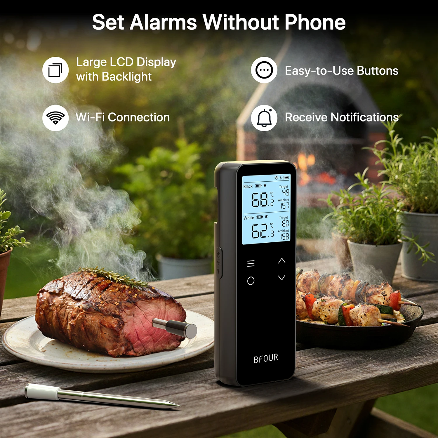 Govee Draadloze bluetooth vleesthermometer voor rookoven, digitale thermometer met 2 sondes, timermodus, intelligente lcd-achtergrondverlichting voor barbecue voor het koken van kalkoen, vis