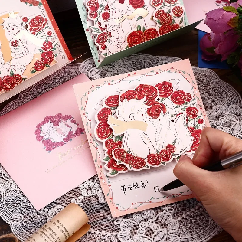 3D Prince and Rose Set Ins Girls' Card Flower Card Set Independent with Envelope Festival Universal Gift greeting cards