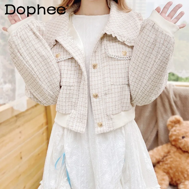 

2023 Customized Top Japanese Lojita Jacket Autumn And Winter Sweet Cute Sister Plaid Woolen High Waist Short Coat Jaquetas Femme