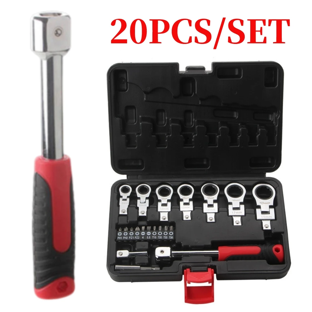 

20pcs Torque Wrench Set Interchangeable Heads Flex Head Ratchet Wrench Set 8-19mm Flexible Ratcheting Wrench Set Repair Tools