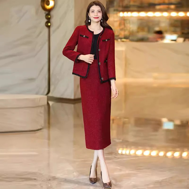 New Women Autumn Winter Thick Burgundy Woolen Skirt Sets Elegant Simplicity Loose Coat and Fashion Long Skirt Two pieces Set