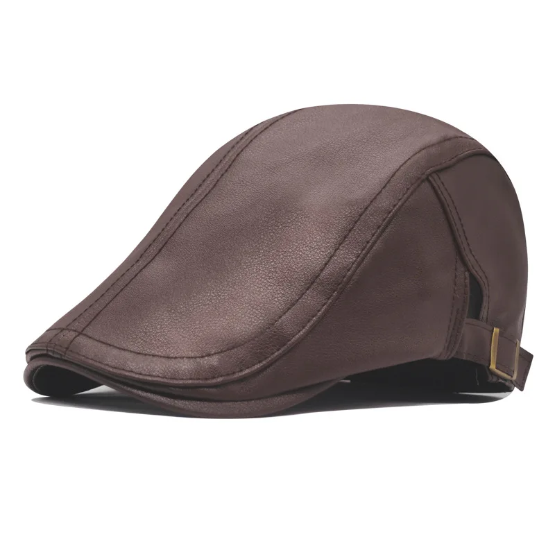 Leather Cap  Men's Imitation Sheepskin Beret  Leather Hat The Elderly Forward Hat  Artificial Leather Hat Literary and Retro 4