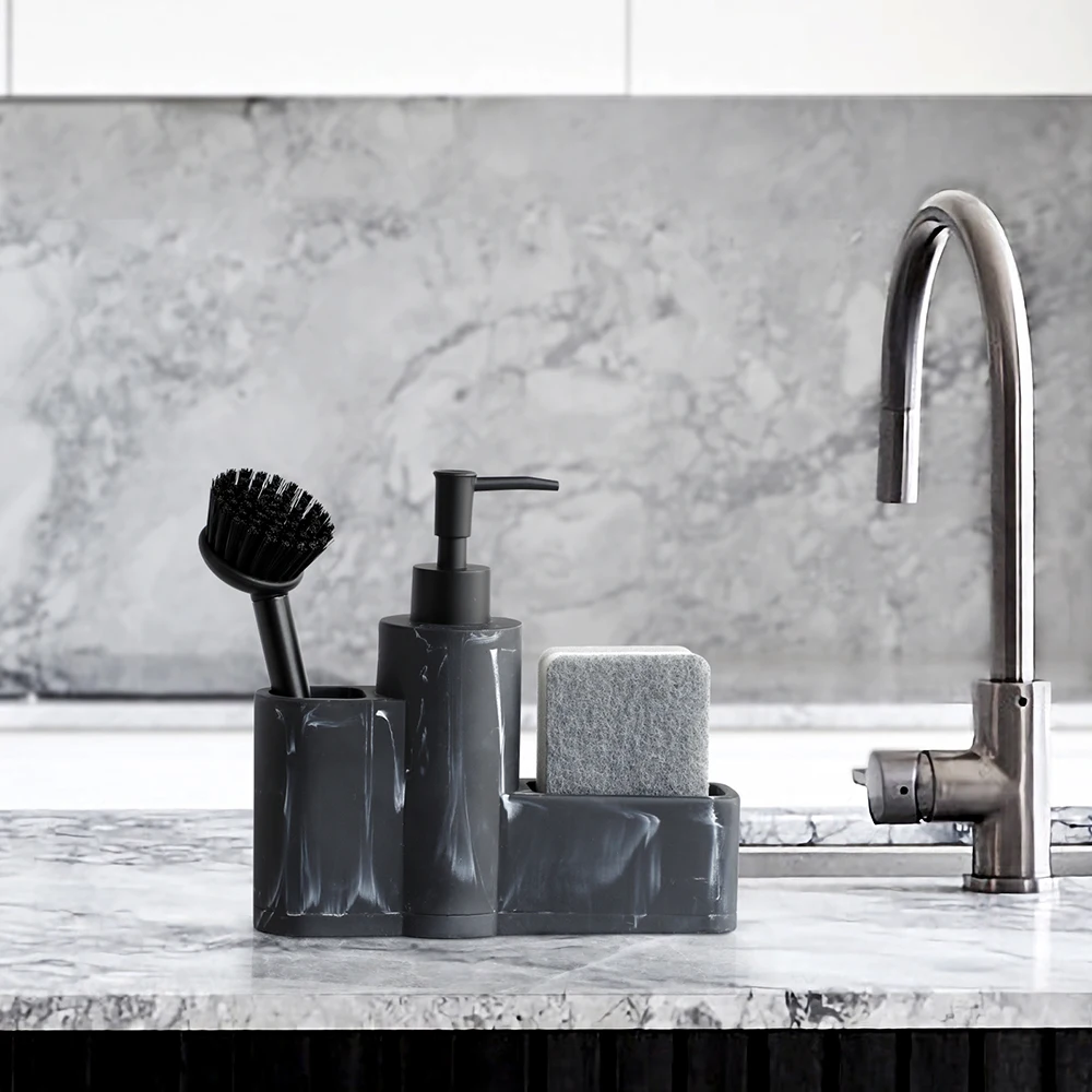 Kitchen Soap Dispenser Marble Look Liquid Hand Dish Soap Dispenser Pump Bottle Sink Dish Washing brush Sponge Holder 3 in 1
