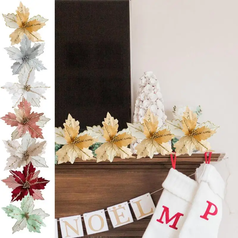 

Christmas Artificial Flowers Durable Plush Made Christmas Glitter Flowers Handmade Creative Decoration For Home Garden