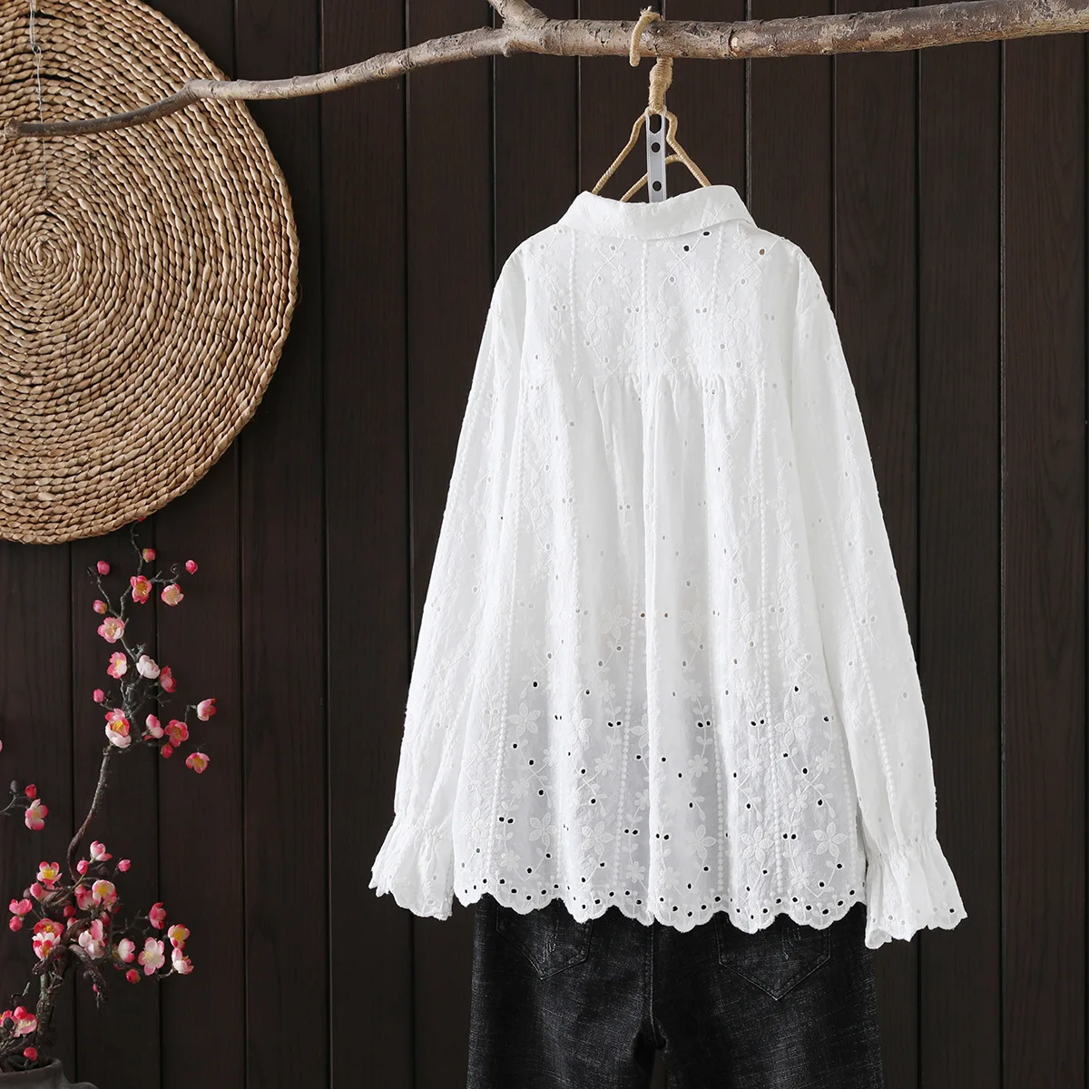 New Autumn Cotton Embroidery Shirts Women Lapel Collar Bow