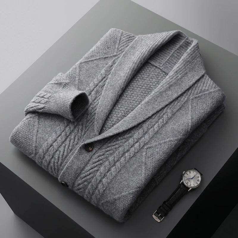 Autumn and winter new 100% pure wool cardigan men's lapel coat high-grade sweater loose business padded coat knitted youth coat 2