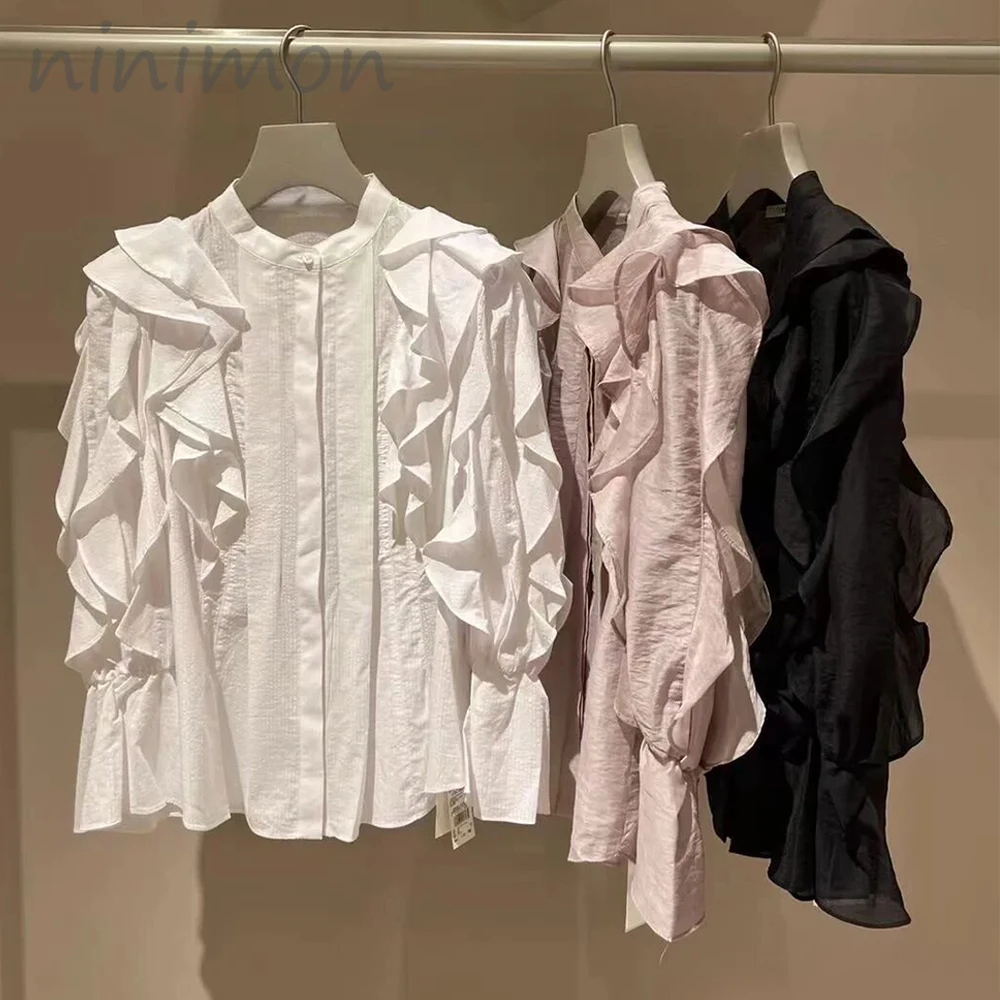 

NINIMON New Ruffled Chiffon Blouse Elegant Frill Long Sleeve Women Shirts Spring Autumn Office Tops Vintage Fashion Blouses