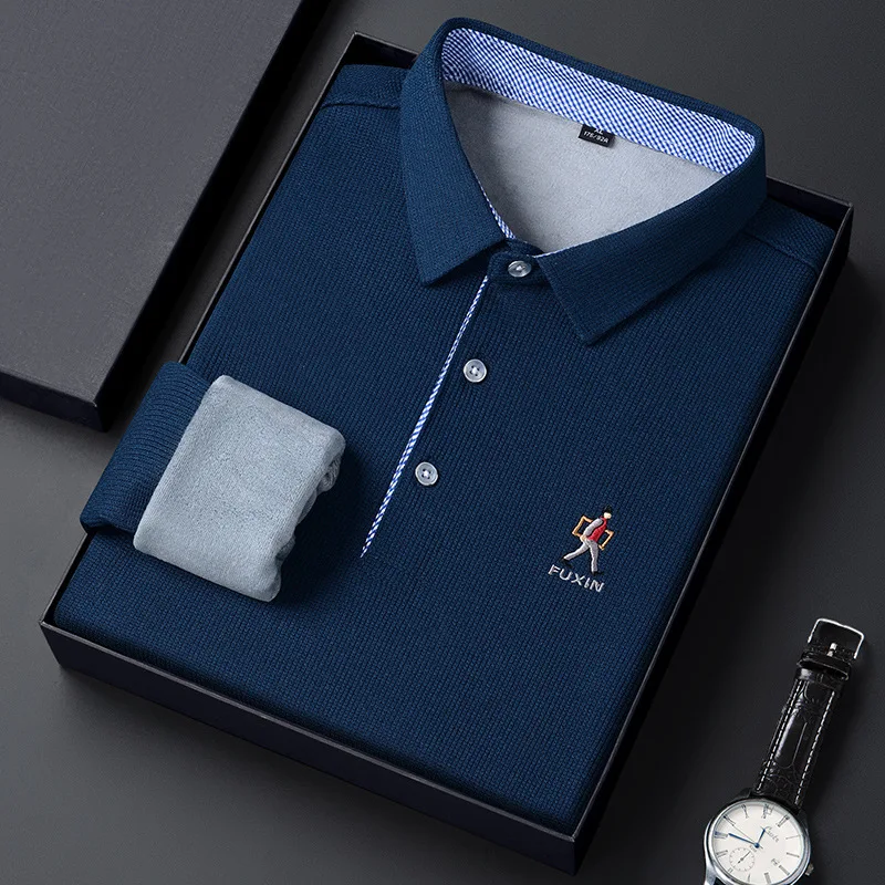 Autumn And Winter Temperament Luxury Polo Shirt Men\'s Square Neck Long Sleeve Shirt One Piece Plush Knitted Warm Thickened T-shi