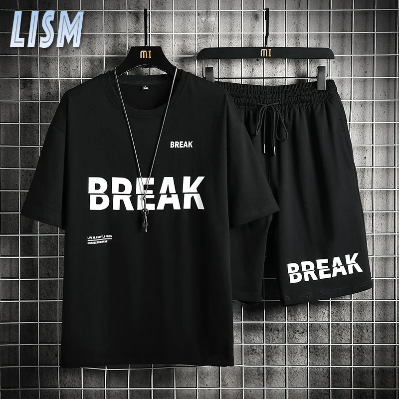 

LISM New Mens Suit Fashion Letter Print 2-piece Sets Male Loose Tshirt Shorts Set Summer Tracksuit Casual Oversized Jogging Sets