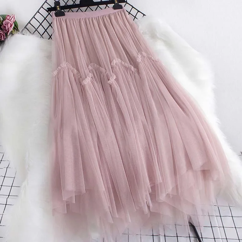 

2024 Elegant Ruffles Irregular A Line Long Skirts Tutu Skirts Solid Women Female Casual Elastic Waist Party Mesh Faldas