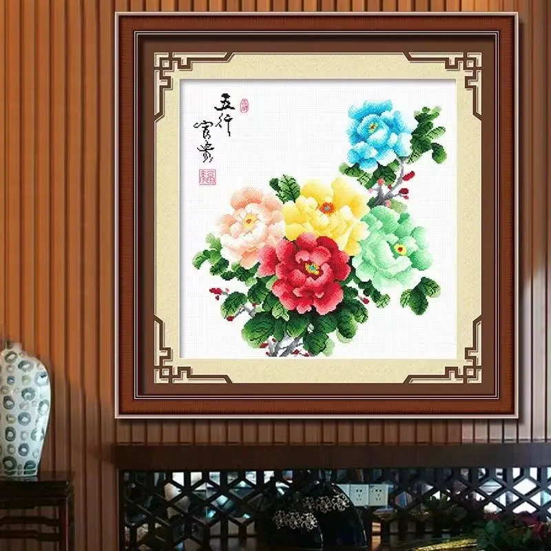 핸드메이드 크로스 스티치 완제품, 피는 꽃과 작은 모란 꽃 생활용 새로운 중국..