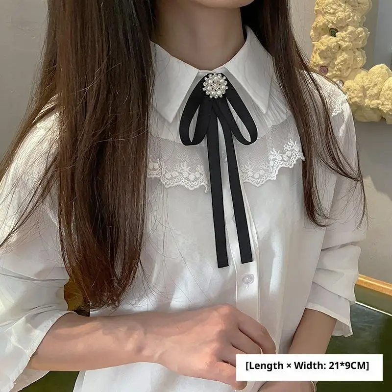 �� ♥ Britischer koreanischer College-Stil, handgefertigtes Band, schwarze Fliege, Fliege für Damen und Mädchen, Hemdkragen, Blume – Detail 7