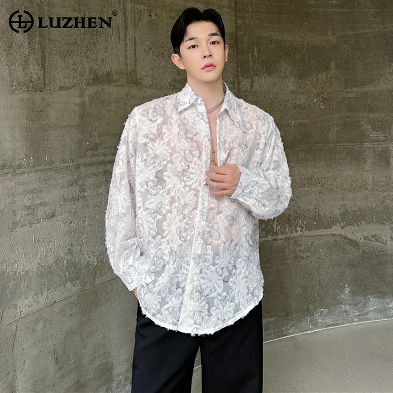 

LUZHEN Butterfly Pattern Jacquard Translucent Design Trendy Long Sleeved Shirts Original Personality Fashion New Men Tops LZ3171