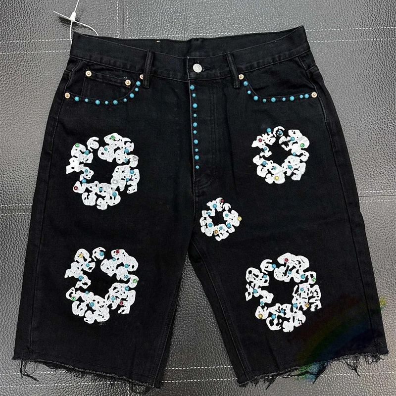 

High Quality 2023ss Washed Inlay Gem Denim Jeans Shorts Men Women 1:1 Best Quality Kanye Oversized Shorts Fashion