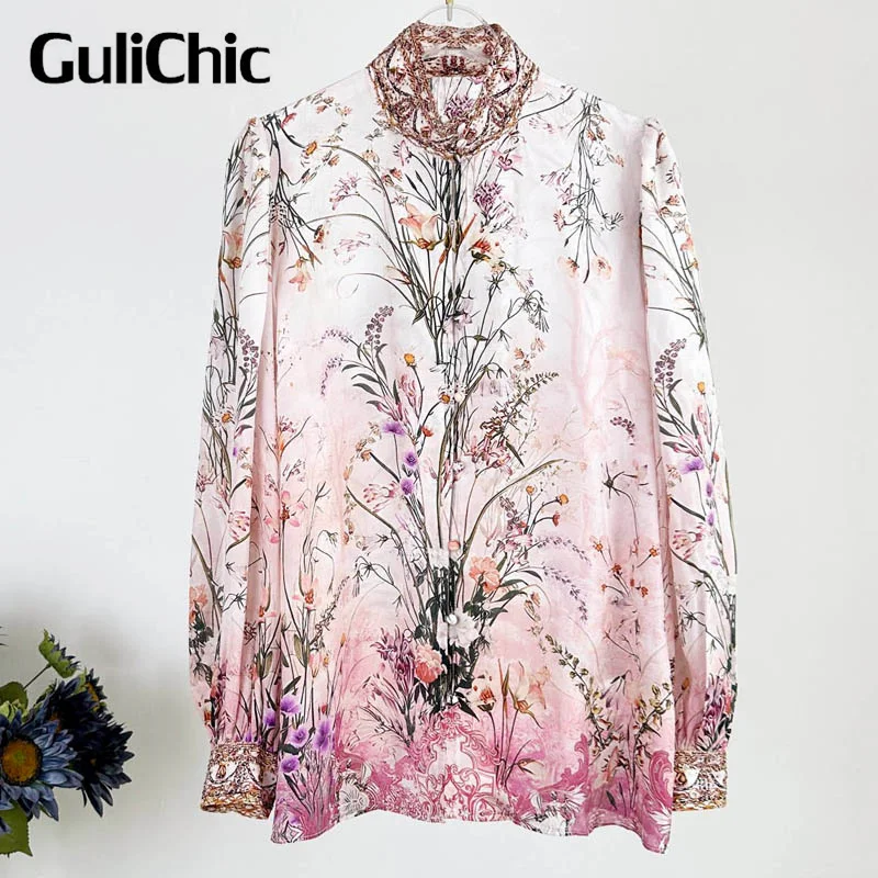 

1.18 GuliChic 2024 Spring Summer New Print Silk Set Women Heavy Industry Diamonds Shirt Or High Waist Midi Skirt Temperament Set